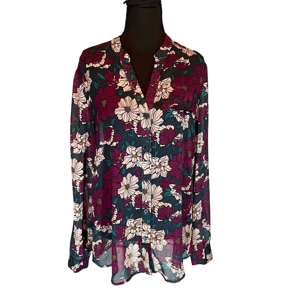 KUT from the Kloth M Purple Floral Sheer Button Down Blouse High Low Whimsigoth